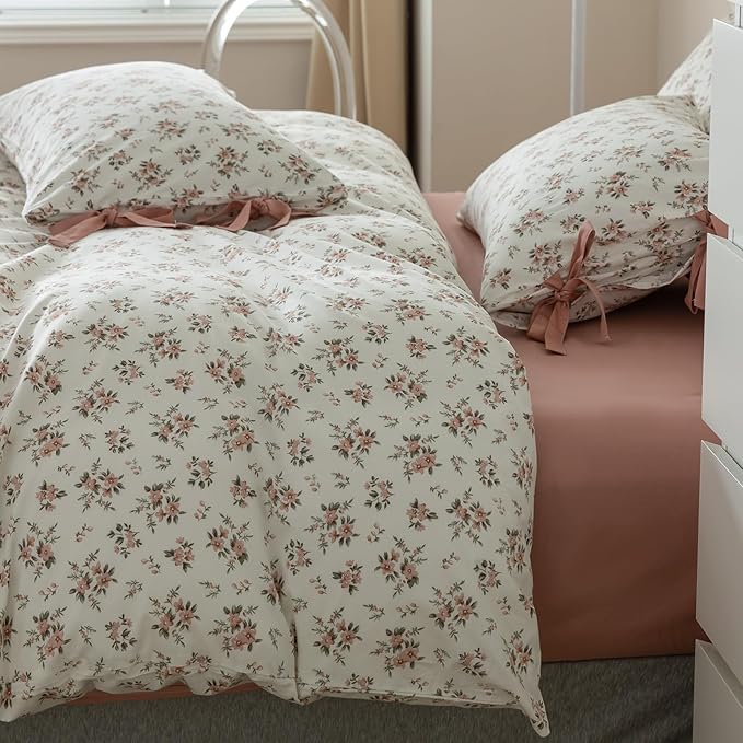 mixinni 3pcs Boho Floral Comforter Set Full Size, Garden Style Pink White Flower Leaves Bedding Comforter Sets for Women, 1 Soft Aesthetic Comforter and 2 Bow tie Pillowcases for All Seasons