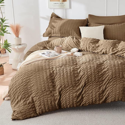 HYMOKEGE Brown Queen Comforter Set Seersucker 7 Pieces, All Season Luxury Bed in a Bag Queen for Bedroom, Bedding Set with Comforter, Sheets, Pillowcases & Shams