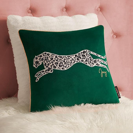 Juicy Couture Reversible Velvet Cheetah Pillow, 18" x 18" Decorative Pillow, Emerald Green