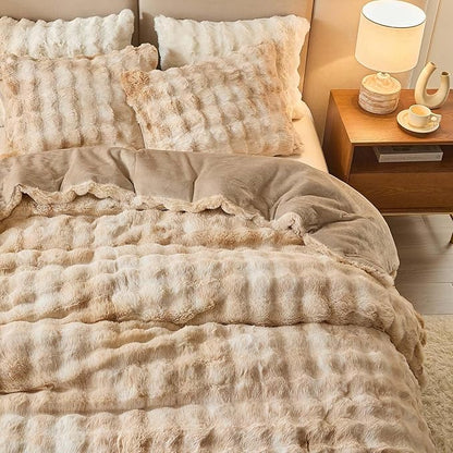 King Faux Rabbit Fur Comforter Set - 3 Pieces Fluffy Bedding Set Ultra Soft Warm Shaggy Winter Flannel Bed Set, Luxury Skin Friendly Sherpa Comforter Set & Pillow for Thanksgiving Tie Dye Coffee