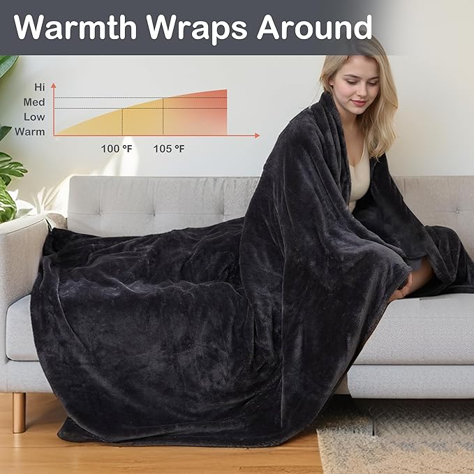 Electric Heated Blanket Full Size 72"x84",Fast Heating Throw, Soft Plush Microplush for Bed & Couch, 10 Hours Auto Off & 4 Heating Levels, Machine Washable, Gifts for Grandma & Family-Black