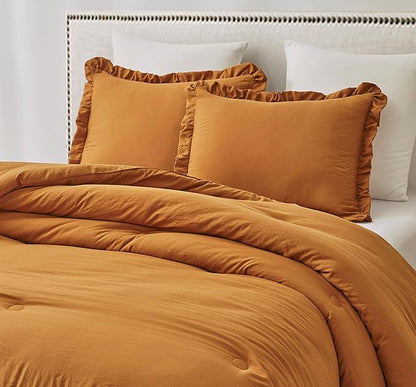 Chezmoi Collection Nora Spice Orange Comforter Set Queen Size 3-Piece Lightweight Fluffy Soft Stone-Washed Ruffled Shabby Chic Bedding for All Season