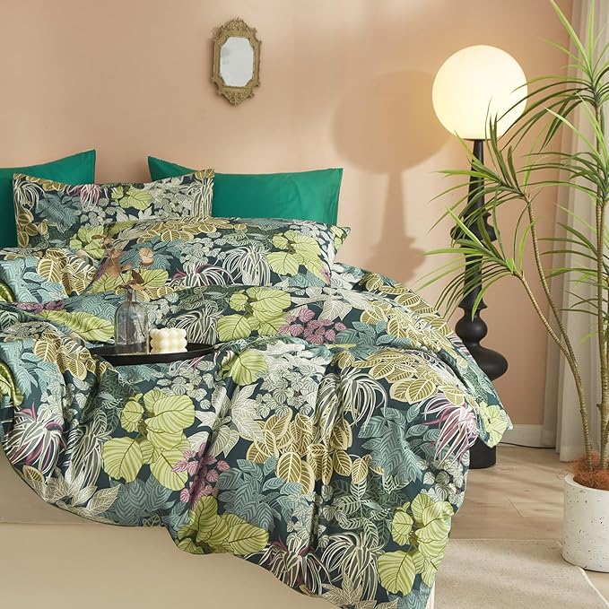 mixinni Twin XL Comforter Green Leaves, Soft Fluffy Botanical Floral Bedding Set for Women and Men, 1 Soft Microfiber Comforter and 2 Pillowcases for All Season-Twin XL Size