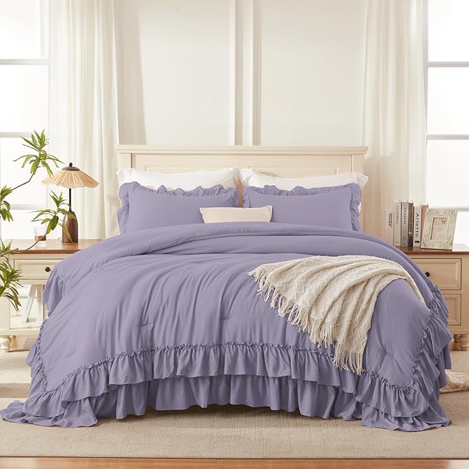 Andency Grayish Purple Comforter Set Queen Size, Lightweight Fluffy Farmhouse Ruffle Bedding Set, Soft Microfiber All Season Shabby Chic Bed Comforter Set 3 Pieces(1 Comforter 2 Pillowcases)