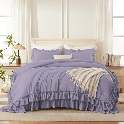 Andency Grayish Purple California King Comforter Set, 3 Pieces Lightweight Fluffy Farmhouse Shabby Chic Bedding Comforter Sets, Soft Microfiber All Season Cal King Bed Sets(104x96Inch)
