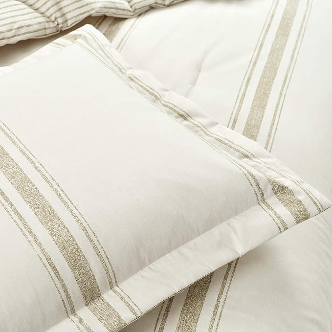 Lush Decor Farmhouse Stripe Reversible Cotton Comforter Set, 3 Piece Set, King, Neutral - Cozy Farmhouse Bedding Set - Rustic Decor - Striped Comforter - Modern Farmhouse Bedroom Decor