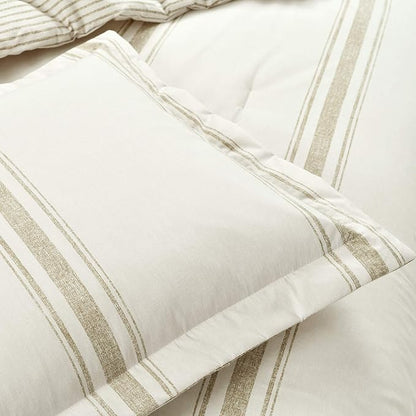 Lush Decor Farmhouse Stripe Reversible Cotton Comforter Set, 3 Piece Set, King, Neutral - Cozy Farmhouse Bedding Set - Rustic Decor - Striped Comforter - Modern Farmhouse Bedroom Decor