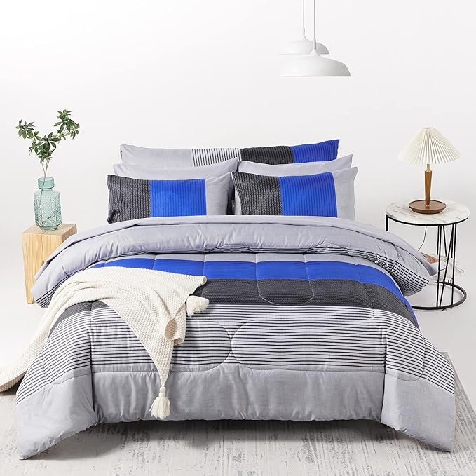 RYNGHIPY 8Pcs Blue and Grey Stripe Comforter Set Queen Size, Ultra Soft Microfiber Filling Patchwork Comforter Duvet, Bed Sheets and Pillowcases (Queen,Blue Grey)