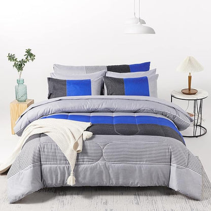 RYNGHIPY 8Pcs Blue and Grey Stripe Comforter Set Queen Size, Ultra Soft Microfiber Filling Patchwork Comforter Duvet, Bed Sheets and Pillowcases (Queen,Blue Grey)