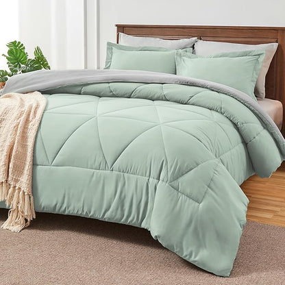 BEDELITE Queen Comforter Set 7 Pieces Bed in A Bag - Soft Microfiber Reversible Sage Green Bed Set with Comforters, Sheets, Pillowcases & Shams, Cozy Luxury Bedding Sets for All Season