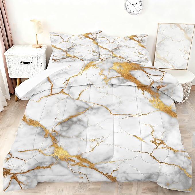 White Gold Marble Comforter Set King Size Luxury Metallic Marbling Bedding Set Grey White Gold Metallic Marbled Bed Set Glitter Golden Stripes Quilt Set with 1 Comforter + 2 Pillow Cases