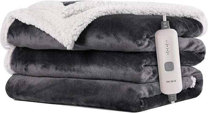 Electric Heated Blanket 62"x84" Twin Size Flannel & Sherpa - 4 Heat Settings & 10H Auto Shut Off for Safe Overnight Use, Fast Heating, Machine Washable for Bed, Couch, Office - Dark Gray