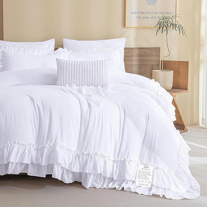 QSH White Ruffled Comforter Twin Size,3PCs Farmhouse Shabby Boho Chic White Bedding Comforter Twin Vintage Lightweight Fluffy Microfiber Bedding Set