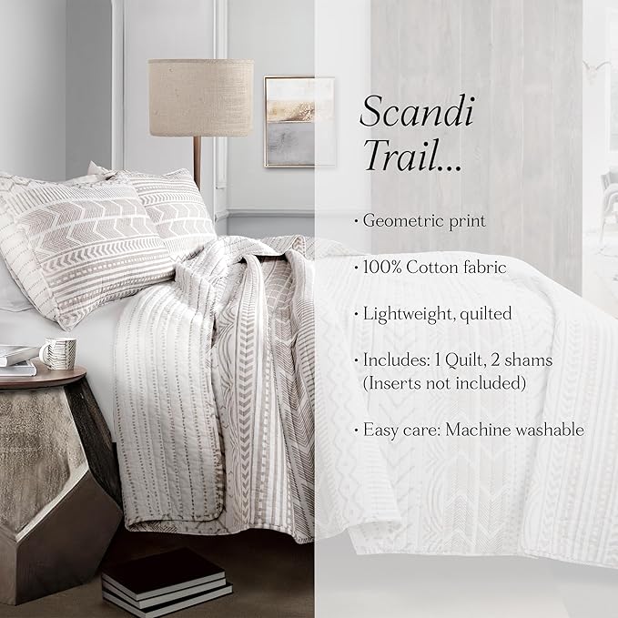 Lush Decor Hygge Geo Pattern Striped 3 Piece Quilt Bedding Set, King, Taupe & White