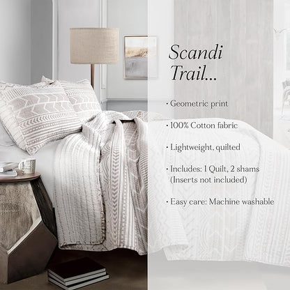 Lush Decor Hygge Geo Pattern Striped 3 Piece Quilt Bedding Set, King, Taupe & White