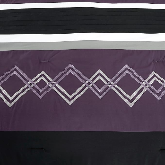 Chezmoi Collection Arden 7-Piece Modern Pleated Stripe Embroidered Zigzag Bedding Comforter Set (California King, Purple/Black/Gray/White)