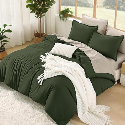 Litanika Comforter Full Size Set Olive - 7 Pieces Bed in a Bag Full Beddding Comforter Sets, Plain Lightweight Bed Set with Comforter, Sheets, Pillowcases & Shams
