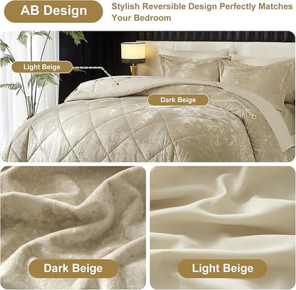 Ivellow Queen Comforter Set 7 Pieces Bed in a Bag Crushed Velvet Comforter Set Flannel Queen Beige Comforter Ultra Soft Breathable Luxury Soft Warm Winter Bedding Set with Sheets, Pillowcases & Shams