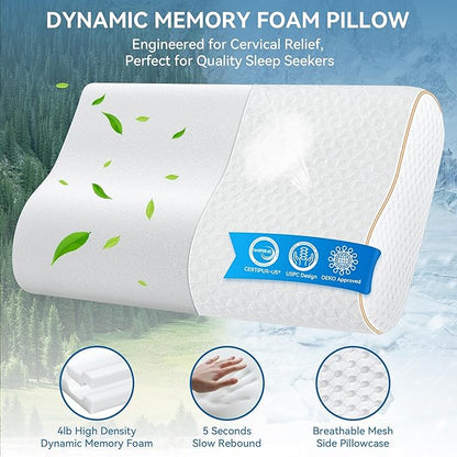 Sandwich Memory Foam Pillow for Sleeping - Ergonomic Cervical Cooling Pillows Queen Size, Adjustable Contour Pillow for Neck, Bed Pillow for Side, Back & Stomach Sleepers