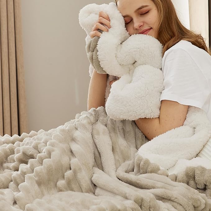 Bedsure Sherpa Throw Blanket for Couch - Super Soft, Cozy Fleece Thick Warm Blanket for Winter, GentleSoft Plush & Fluffy Christmas Throw Gift for Women, Room Decor, Beige, 50x60 Inches