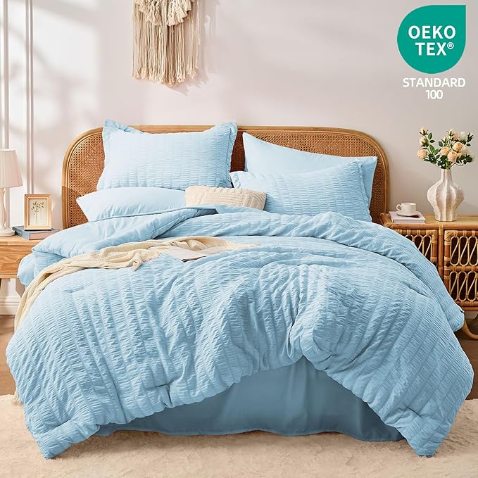 FUANNA Queen Comforter Set 7 Pieces, Luxury Seersucker Bed in a Bag Queen Size for All Seasons, Soft Bedding Set with Comforter, Flat Sheet, Fitted Sheet, Pillowcases & Shams for Bedroom, Light Blue