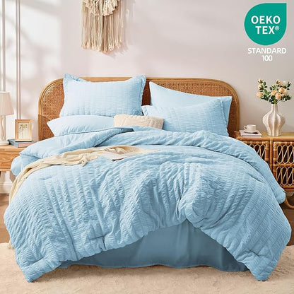 FUANNA Queen Comforter Set 7 Pieces, Luxury Seersucker Bed in a Bag Queen Size for All Seasons, Soft Bedding Set with Comforter, Flat Sheet, Fitted Sheet, Pillowcases & Shams for Bedroom, Light Blue