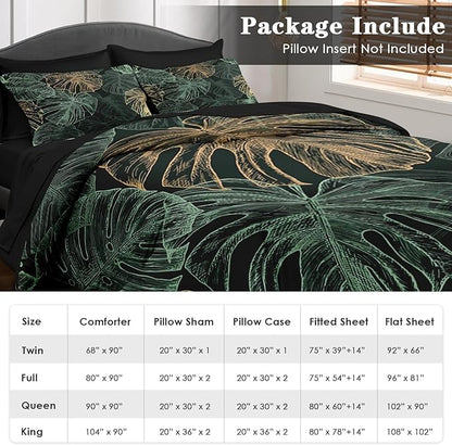 Comforter Set Full Size, Green Golden Tropical 7 Pcs Bedding for Kids and Adults, Leaves Monstera Palm Leaf Bed Sheet Sets with Fitted Sheet 2 Pillowcases & 2 Shams for Bedroom Bed Decor