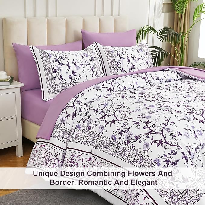 Dobuyly Purple King Size Comforter Set, Floral Botanical Bedding Set 7 Piece Bed in a Bag King, Soft Microfiber Bedding Comforter Sets with Sheets for All Season