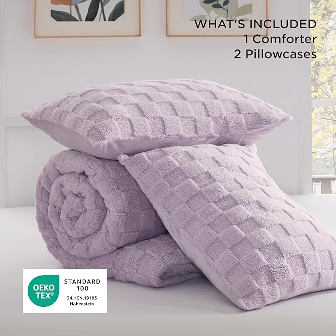 Bedsure Queen Fluffy Comforter Set, Light Purple Plush Fleece Bed Set, Checkered Farmhouse Boho Soft Warm Bedding for Winter, 3 Pieces, 1 Comforter (90"x90") and 2 Pillowcases (20"x26")