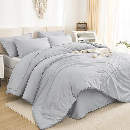 Litanika Super King Comforter Sets Light Grey - 7 Pieces Bed in a Bag Oversized King Bedding Comforter Sets, Solid Lightweight Bed Set with Comforter, Sheets, Pillowcases & Shams