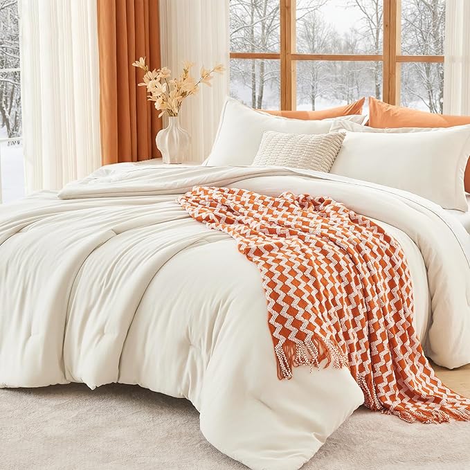 MUXHOMO Queen Comforter Set, All Season Ultra Soft Down Alternative Bedding - 3 Piece Lightweight Bed Set Includes 1 Comforter (90"x90") and 2 Pillow Shams (20"x26"), Ivory