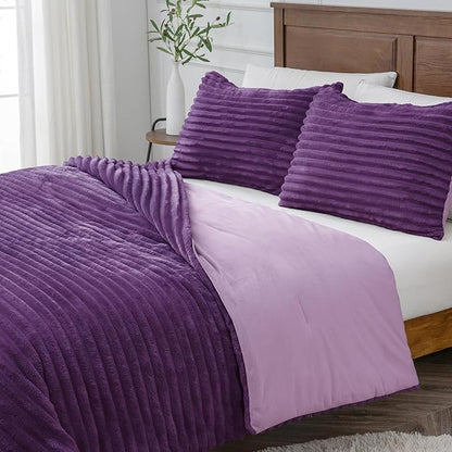 BEDELITE Fleece Queen Comforter Set -Super Soft & Warm Fluffy Purple Bedding, Luxury Fuzzy Heavy Bed Set for Winter with 2 Pillow Cases