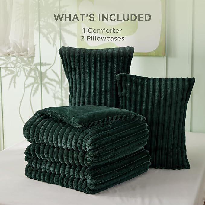 Bedsure King Size Comforter Set - GentleSoft™ 3 Pieces Fluffy Double-Side Fleece Comforter Set, Cozy Striped Room Decor Aesthetic, Luxury Emerald King Bedding with 2 Pillowcases, 104x90 Inches