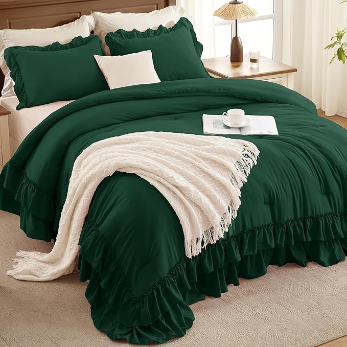 Andency Dark Emerald Green Comforter Set Oversized Queen, Lightweight Fluffy Ruffle Bedding Set 3 Pieces (1 Comforter 2 Pillowcases), Soft Farmhouse Bed Set for All Season