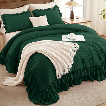Andency Dark Emerald Green Comforter Set Oversized Queen, Lightweight Fluffy Ruffle Bedding Set 3 Pieces (1 Comforter 2 Pillowcases), Soft Farmhouse Bed Set for All Season