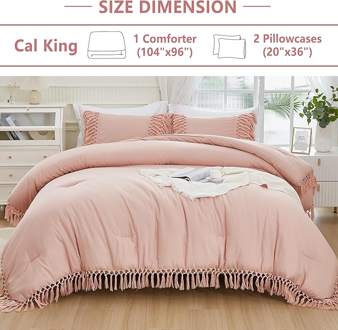 Andency Pink Comforter Set California King, 3 Pieces Boho Tassel Lightweight Soft Bedding Comforter Sets for King Bed, All Season Fluffy Fringe Bed Set (104x96In Comforter & 2 Pillowcases)