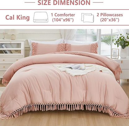 Andency Pink Comforter Set California King, 3 Pieces Boho Tassel Lightweight Soft Bedding Comforter Sets for King Bed, All Season Fluffy Fringe Bed Set (104x96In Comforter & 2 Pillowcases)