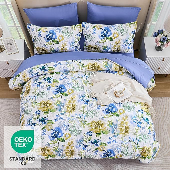 Luxudecor Floral Comforter Set King Size 7 Pieces Bed in a Bag, Blue Flower Watercolor Bed Set, Soft Comforter with Sheet Set 104"x90"