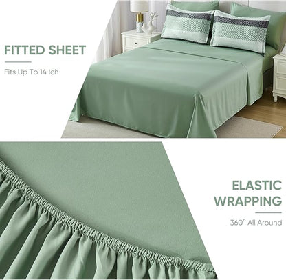 Drucon Sage Green Comforter Set Queen Size 7 Piece Bed in a Bag Boho Striped Bedding Set Soft Microfiber Comforter and Sheet Set for All Season (Queen, 90"x90")