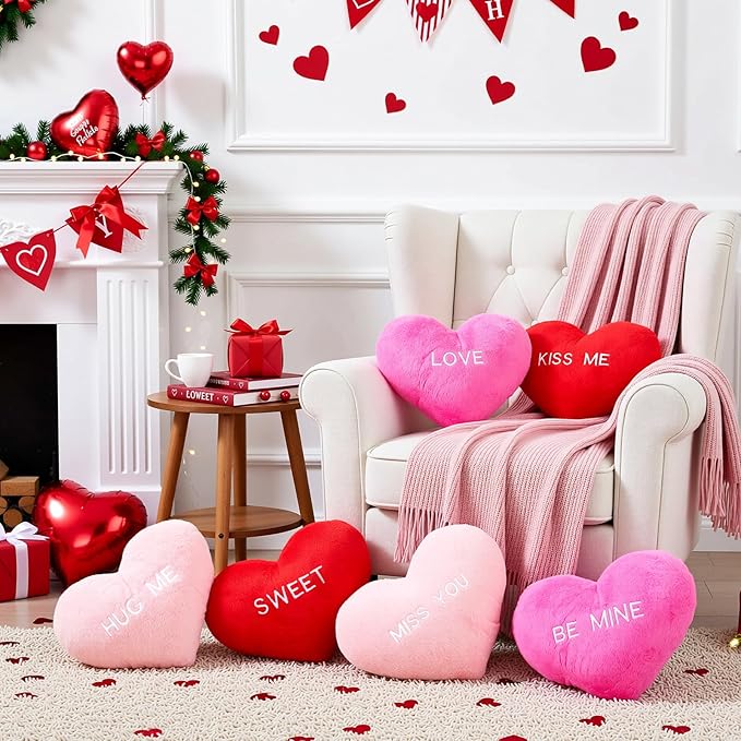 Novabright 6 Pcs Valentines Day Heart Pillows 12", Love Heart Shaped Pillow Plush Throw Pillow, Cute Pink Pillows for Gifts Valentines Day Living Room Bedroom Decor(Conversation)