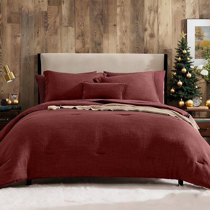 Geniospin Full Comforter Set - 7 Pieces Comforter Full Size, Solid Bedding Set for All Season, Dark Red Textured Bed in a Bag with Sheets