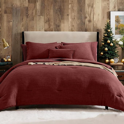 Geniospin Full Comforter Set - 7 Pieces Comforter Full Size, Solid Bedding Set for All Season, Dark Red Textured Bed in a Bag with Sheets