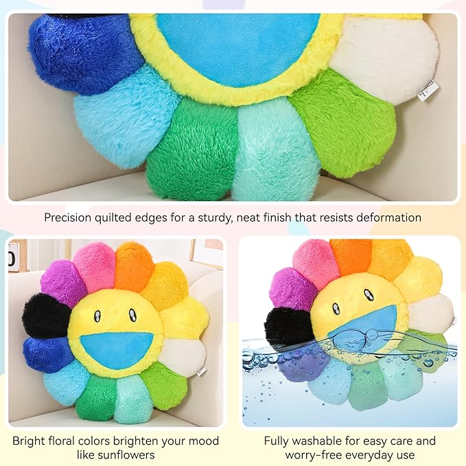 Flower Pillow,Flower Shaped Throw Pillow,Cute Smiley Face Floor Cushions,Colorful Sunflower Plush Pillows,Cute Plushie Room Decor,Valentines Day Pillows for Bedroom,Sofa,Dorm (Colourful,23.6In)