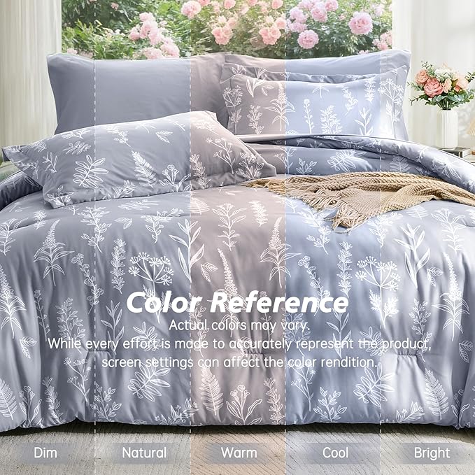 MUXHOMO Light Grey King Comforter Set, Elegant Floral Print Bed in a Bag 7 Pieces, Ultra Soft & Breathable Reversible Botanical Pattern Bedding Set with Comforter, Sheets, Pillowcases, and Shams