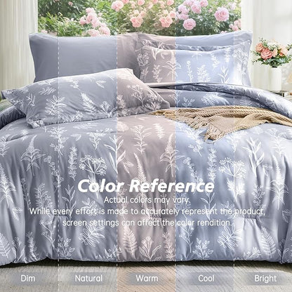 MUXHOMO Light Grey Bed in a Bag Queen 7 Pieces, Queen Comforter Set Reversible Botanical Flowers Design, Ultra Soft & Breathable Bedding Sets with Comforter, Sheets, Pillowcases & Shams