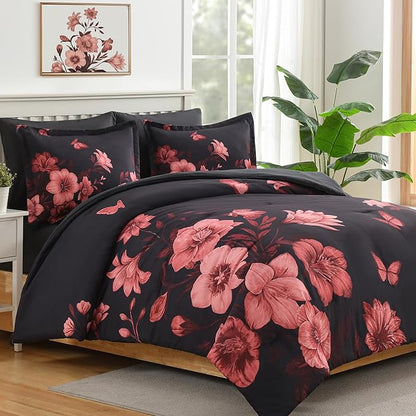 Floral Comforter Set Queen Size, 7 Piece Black Bed in a Bag, Elegant Flower Pattern Comforter Set with Sheet, Soft Microfiber Complete Bedding Sets for All Season