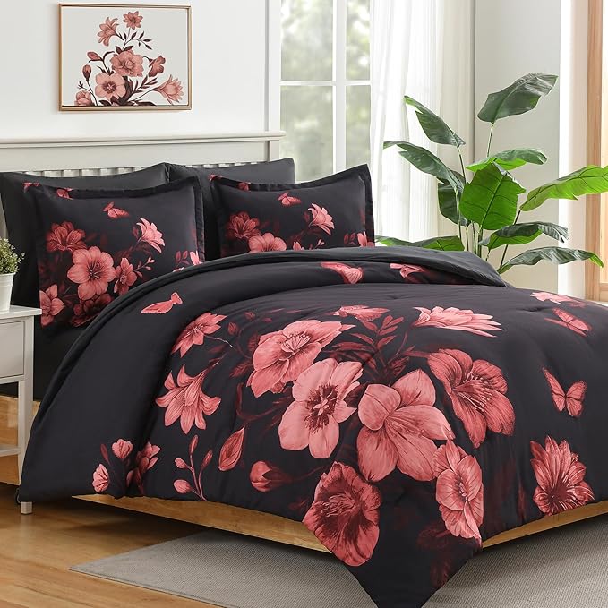 Floral King Size Comforter Set, 7 Piece Black Bed in a Bag, Elegant Flower Pattern Comforter Set with Sheet, Soft Microfiber Complete Bedding Sets for All Season