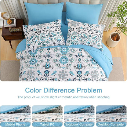 Boho Comforter Set Queen - 7 Pieces Bed in a Bag Floral Design, Bohemian Comforter Set with Sheets, Soft Microfiber Complete Bedding Sets All Season (Light Blue, Queen)
