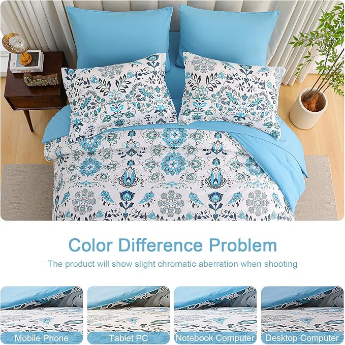 Boho Comforter Set King - 7 Pieces Bed in a Bag Floral Design, Bohemian Comforter Set with Sheets, Soft Microfiber Complete Bedding Sets All Season (Light Blue, King)