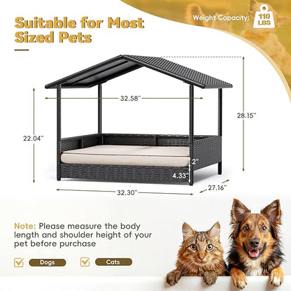 Greesum Wicker Dog House for Small/Medium Dogs, Outdoor Indoor Elevated Dog Shelter Dog Bed with Cushion, for Deck, Patio, Yard, Pool, Black House